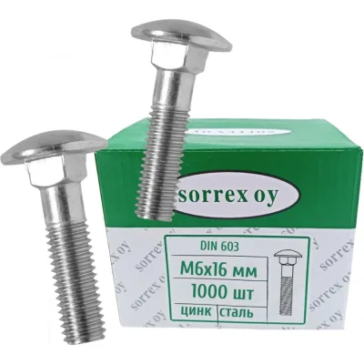 Болт мебельный SORREX М6x16 DIN 603, с полукруглой головкой и квадратным подголовком, 1000 шт. 0603-1-06-016 1000