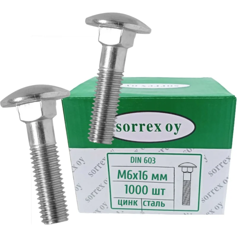 Болт мебельный SORREX М6x16 DIN 603, с полукруглой головкой и квадратным подголовком, 1000 шт. 0603-1-06-016 1000