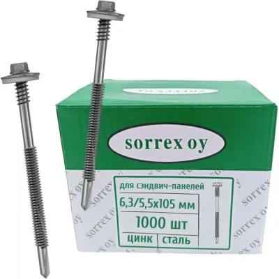 Саморез для крепления сэндвич-панелей SORREX 6,3/5,5x105, оцинкованный, 1000 шт. SSP-1-063-105 1000