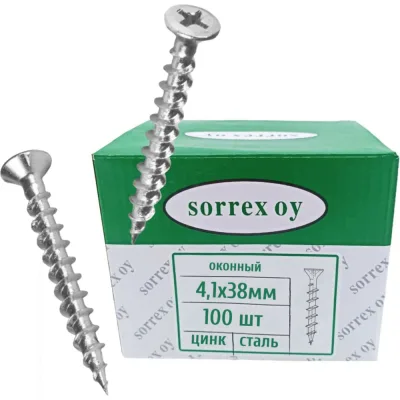 Саморез оконный потайной SORREX 4,1x38 острый, крупная резьба, для крепления пластикового профиля, фурнитуры и откосов, белый цинк, 100 шт. SWA-1R-041-038 100