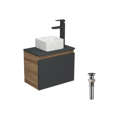 Комплект для ванной Bauedge 4 предмета (тумба Bau 50, графит + раковина BAU Hotel mini 24x24 + смеситель Hotel Black, выпуск клик-клак, черный) BD1945