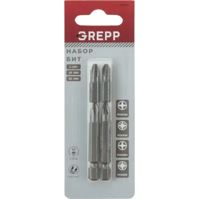 Набор бит GREPP PH2, PZ2x25, PH2, PZ2x50 мм (4шт) 11707