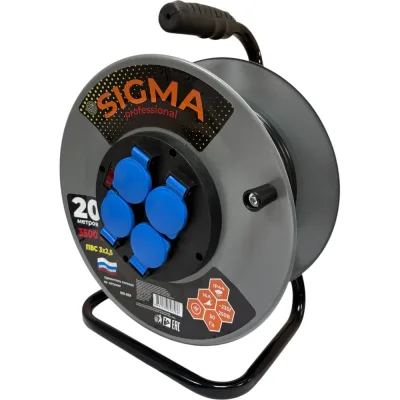 Удлинитель на металлической катушке SIGMA IP44 c заземлением (ПВС 3*2,5) 230 В /16А /3500 Вт 20 метров 100059