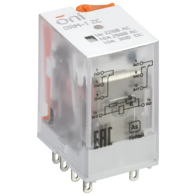 Реле интерфейсное ONI ORM-1 2C 220В AC с LED и тест. кнопкой (20шт/упак) ORM-1-2C-AC220V-L-B