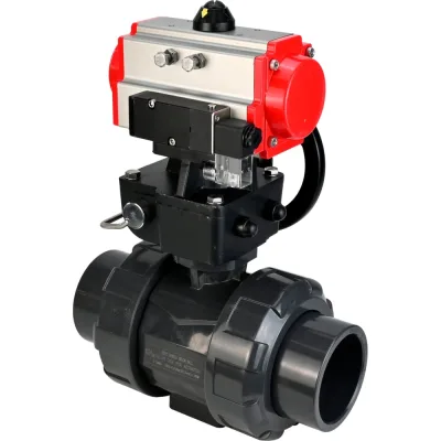 Кран шаровой НПВХ-НПВХ-E-FP-GRM-ISO Ду65 Ру10 DN.ru с пневмоприводом, пневмораспределителем, ручным дублером D160-67106