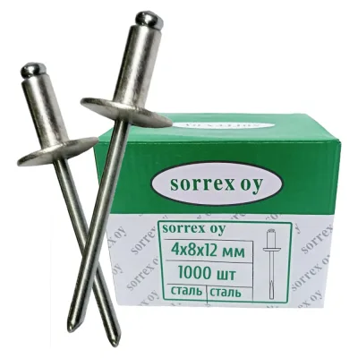 Заклепка SORREX широкий бортик 12 мм, сталь/сталь, 4x8, 1000 шт. SSL 40800 1000