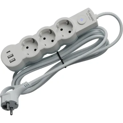Удлинитель КОСМОС 1.5м, ПВС 3х1, 3 гнезда, заземление, выключатель, USB, 10А, 2800Вт, белый YKsm1.5m3g-Z-VU10A-W
