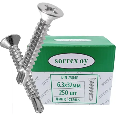 Саморез с потайной головкой по металлу SORREX 6,3x32, DIN 7504P, оцинкованный, со сверлом, 250  шт. 7504P-1-063-032-250