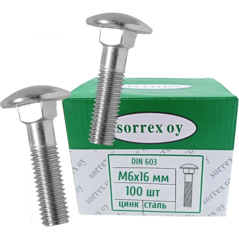 Болт мебельный SORREX М6x16 DIN 603, с полукруглой головкой и квадратным подголовком, 100 шт. 0603-1-06-016 100