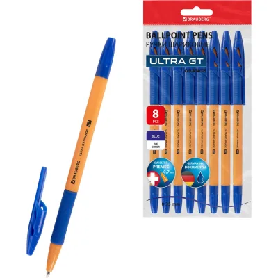 Ручки шариковые BRAUBERG с грипом ULTRA GT ORANGE, набор 8 шт., синие, линия письма 0.35 мм 144530