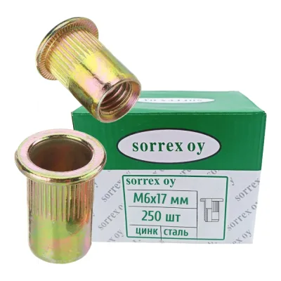 Заклепка гайка удлиненная резьбовая винтовая SORREXстандартный бортик с рифлением М6x17 (250 штук) PZW M6L 250