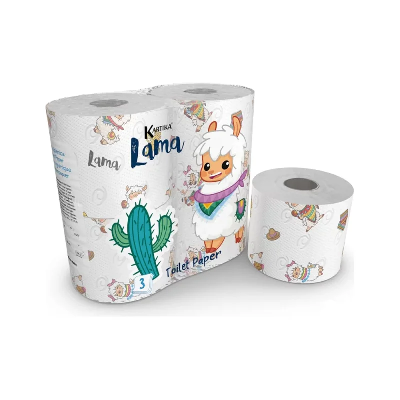 Туалетная бумага World Cart Лама с рисунком, Kartika Collection, 3 слоя, 4 рулона/200 листов KGLAM-TT-01