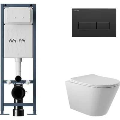 Комплект AM.PM I012711.0338 ErgoFit инсталляция для подвес унитаза с клавишей ErgoFit M пластик, черный матовый + Унитаз подвесной 525х360 безободковый, сиденье Soft-Close, белый матовый, форма конус I012711.0338C0120