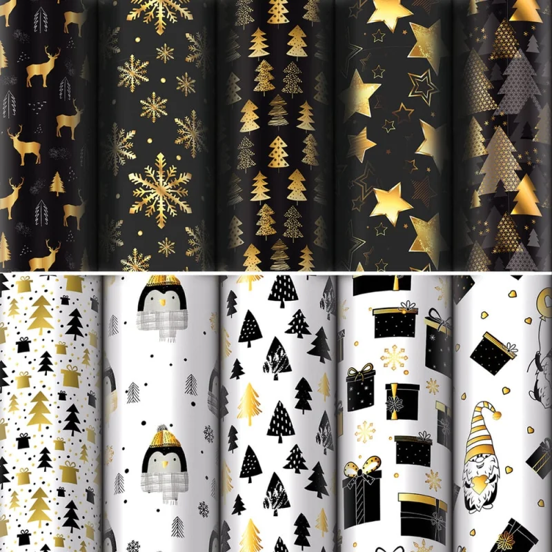 Бумага упаковочная новогодняя Золотая сказка Black.Gold.White 70х100см, 10 дизайнов ассорти 592052