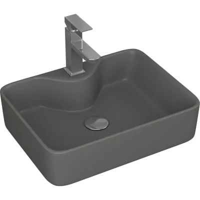 Раковина накладная со смесителем и выпуском прямоугольная Bauedge BAU Cerama 48x37, темно-серая матовая + смеситель Hotel Still, выпуск клик-клак хром YBD2544