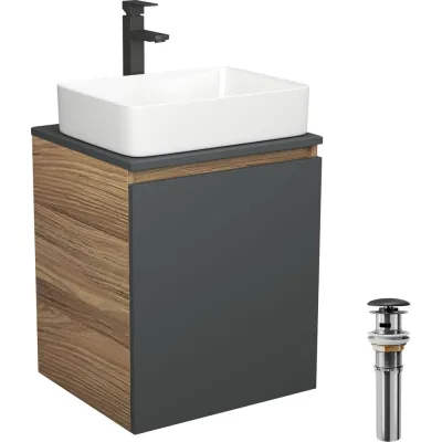 Тумба Bauedge Bau Dream Blackwood 50 графит, раковина BAU Hotel, смеситель для раковины высокий Hotel Black, черный, выпуск клик-клак, черный SD4036