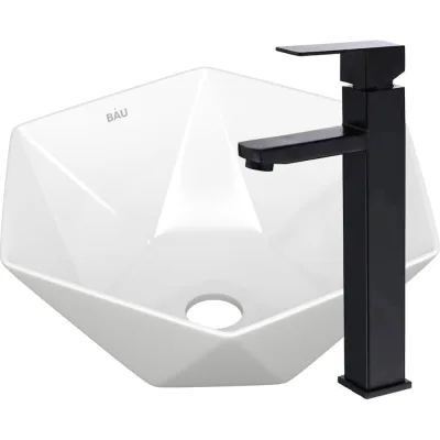 Раковина накладная на столешницу со смесителем Bauedge BAU Crystal (40x40, белая + смеситель высокий Hotel Black, черный) BH1190