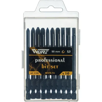 Набор магнитных бит WURZ 90мм, PH1,PH2(2),PH3,PZ1,PZ2,PZ3,SL5,SL6,H4, 10шт/бокс 3188