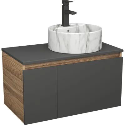 Комплект Bauedge тумба подвесная Bau Dream Blackwood графит 80, 1 ящик, дверца слева, раковина круглая накладная BAU Element D41, мрамор, смеситель Hotel Bla BD3067