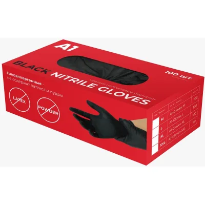 Нитриловые перчатки А1 NITRIL GLOVES черные, размер M, упаковка 100шт A1-Gloves-M