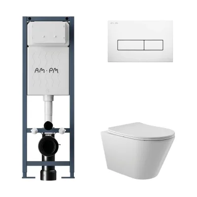 Комплект AM.PM I012711.0301 ErgoFit инсталляция для унитаза с клавишей ErgoFit M пластик, белый глянцевый + унитаз Long 525х360 безободковый, Vortex (Торнадо), Soft-Close, белый глянцевый, конус I012711.0301CV2110