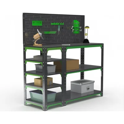 Стол-верстак ООО Металекс Metalex серия KIT 950х1300х600 с боковыми полками, перфопанелью и комплектом аксессуаров, серо-зеленый 204103