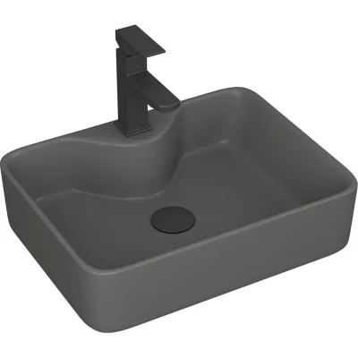 Раковина накладная со смесителем и выпуском прямоугольная Bauedge BAU Cerama 48x37, темно-серая матовая + смеситель Hotel Black, выпуск клик-клак черный YBD2546