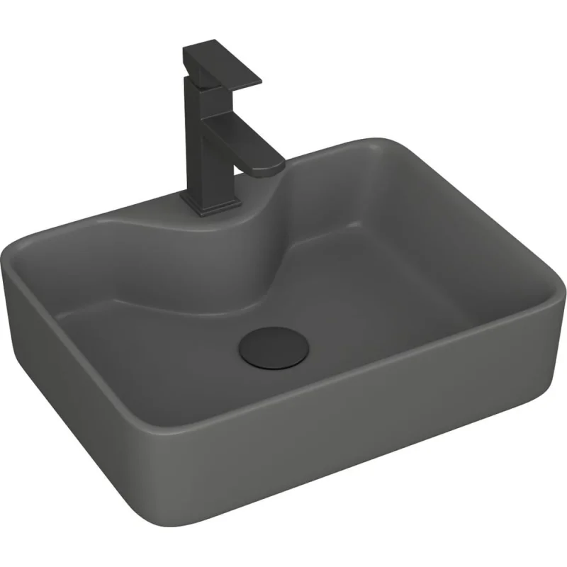 Раковина накладная со смесителем и выпуском прямоугольная Bauedge BAU Cerama 48x37, темно-серая матовая + смеситель Hotel Black, выпуск клик-клак черный YBD2546