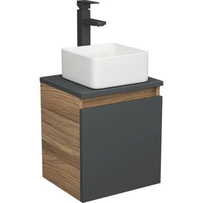 Тумба Bauedge Bau Dream Blackwood 35 с ящиком, графит, раковина BAU Mini 24х24, смеситель для раковины высокий Hotel Black, черный SD4005