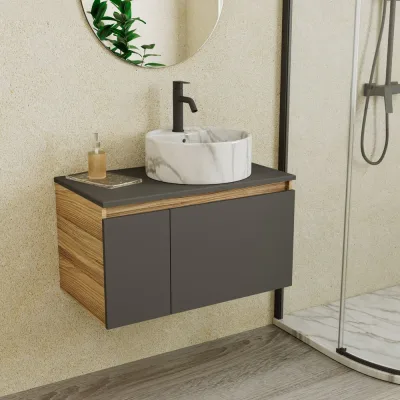 Комплект Bauedge тумба подвесная Bau Dream Blackwood графит 80, 1 ящик, дверца слева, раковина круглая накладная BAU Element D41, мрамор, смеситель Hotel Dre BD3069