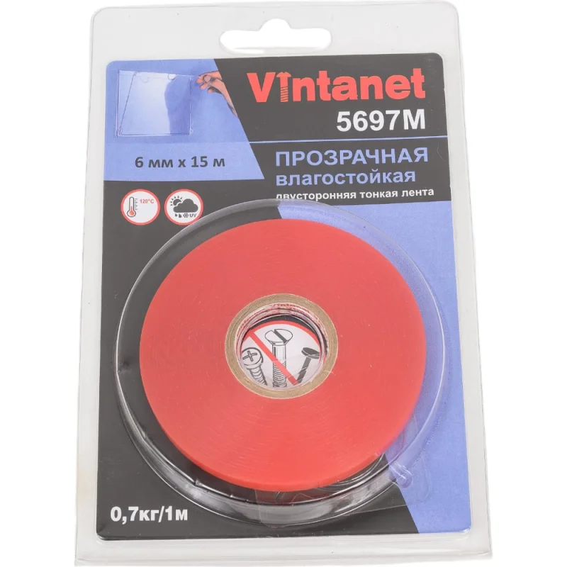 Двусторонняя лента на ПЭТ основе Vintanet 5697М прозрачная, влагостойкая, 6 мм х 15 м 5697M 6MMX15M