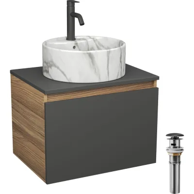 Комплект Bauedge тумба Bau Dream Blackwood графит 60, 1 ящик, раковина круглая накладная BAU Element D41, мрамор, смеситель Hotel Dream, черный выпуск клик к BD3064