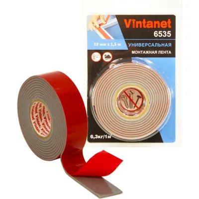 Монтажная клейкая двусторонняя лента Vintanet 6535, универсальная, 19 мм х 1,5 м 19MMX1,5M