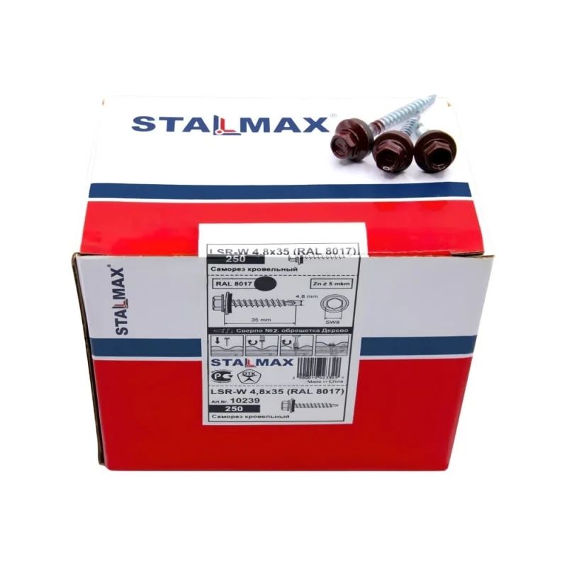 Саморез кровельный STALMAX LSR-W 4,8х70 (RAL 8004 (Медно-коричневый)) сверло №2 для дер. обреш. с EPDM шайбой (арт. 10289) оц. сталь (уп. 100 шт) 10289-023