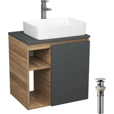 Тумба Bauedge Bau Dream Blackwood 60 правая, графит, раковина BAU Hotel 48х37, смеситель для раковины высокий Hotel Still, нержавеющая сталь, выпуск клик клак SD4222