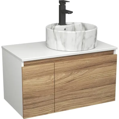Комплект Bauedge тумба Bau Dream Blackwood 80, раковина круглая накладная BAU Element D41, мрамор, смеситель Hotel Black, черный матовый BD2971