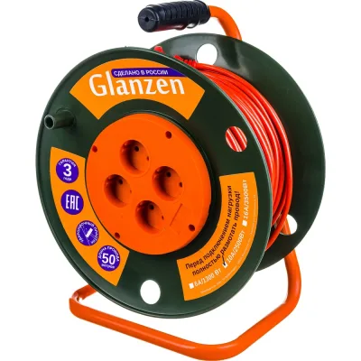 Силовой удлинитель на катушке GLANZEN 4 гн. 50 м ПВС 2x1 EB-50-003 00012290