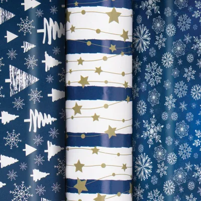 Новогодняя упаковочная бумага Золотая сказка 3 шт., Blue Collection, 70х100 см, 3 дизайна 592058