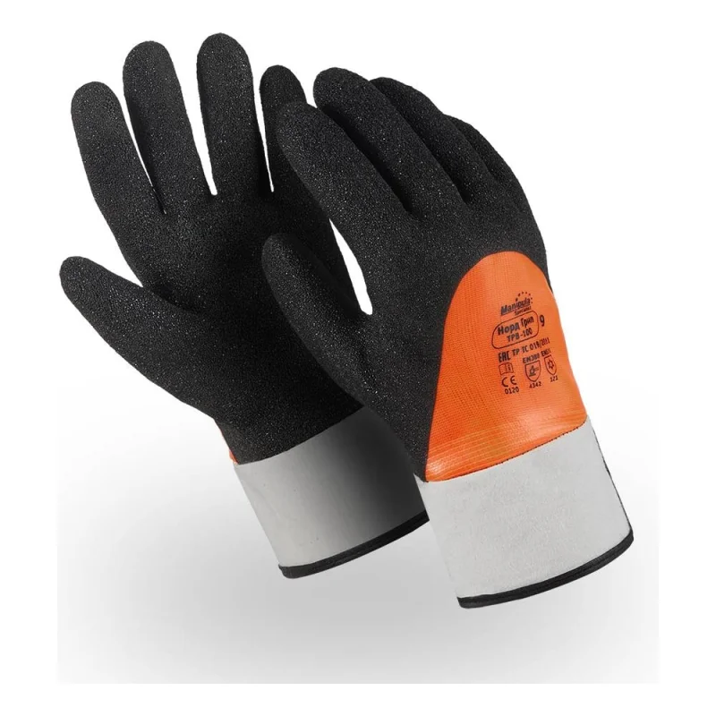 Перчатки Manipula Specialist НОРД ГРИП (WG-761), акрил, нейлон, ПВХ + Coral Grip 3/4, крага, цвет черно-оранжевый (10) Пер 711/10