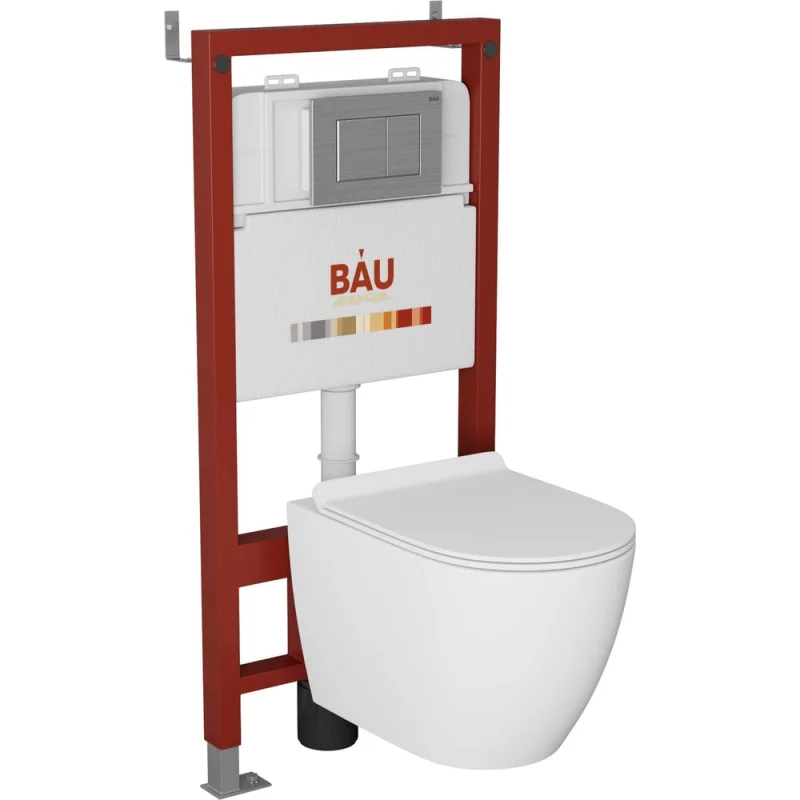 Комплект Bauedge BAU 6 в 1: инсталляция BAU PRO, унитаз подвесной безободковый Bau Dream 49,5x36, сиденье дюропласт микролифт, клавиша BAU Stil сатин Q111300-BL0001-Q00009