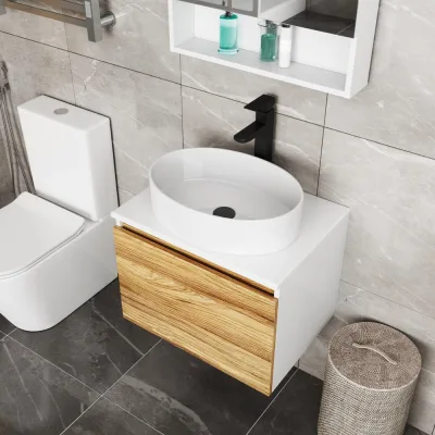 Комплект для ванной Bauedge 3 предмета (тумба Bau Dream Blackwood 60, раковина BAU Nimb 50x36, смеситель для раковины высокий Hotel Black, черный) BD1554