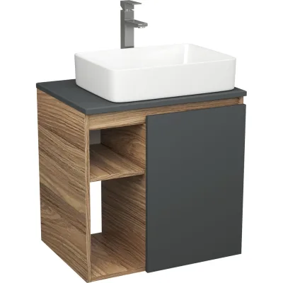 Тумба Bauedge Bau Dream Blackwood 60 правая, графит, раковина BAU Hotel 48х37, смеситель для раковины высокий Hotel Still, нержавеющая сталь SD4221