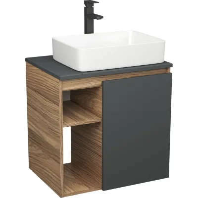 Тумба Bauedge Bau Dream Blackwood 60 правая, графит, раковина BAU Hotel 48х37, смеситель для раковины высокий Hotel Black черный SD4220