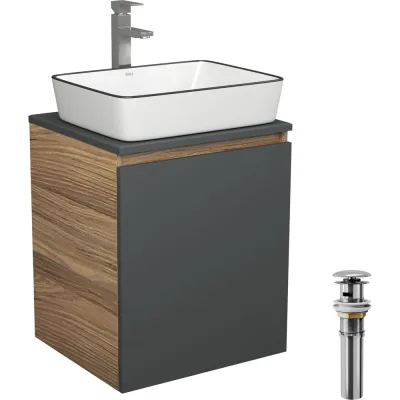 Тумба Bauedge Bau Dream Blackwood 50 графит, раковина BAU Hotel Black Rand 48х37, смеситель для раковины высокий Hotel Still, нержавеющая сталь, выпуск клик-клак, хром SD4061