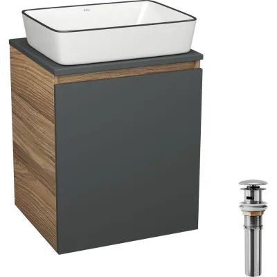 Тумба Bauedge Bau Dream Blackwood 50 графит, раковина BAU Hotel Black Rand 48х37, выпуск клик-клак, хром SD4056