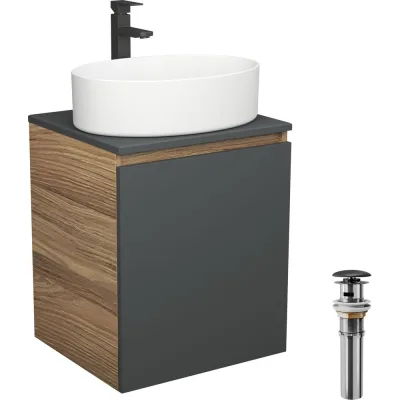Тумба Bauedge Bau Dream Blackwood 50 графит, раковина BAU Nimb 50х36, смеситель для раковины высокий Hotel Black, черный, выпуск клик-клак, черный SD4045