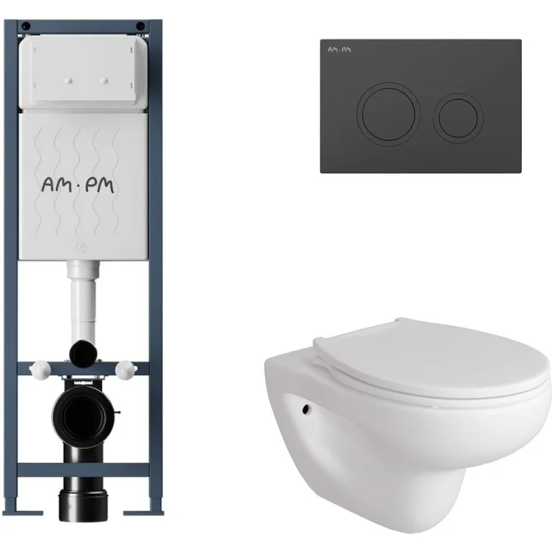 Комплект AM.PM I012711.0138 ErgoFit инсталляция для подвес унитаза с клавишей ErgoFit L пластик, черный матовый + FLUIRE 901 Унитаз подвесной безободковый, быстросъёмное сиденье с микролифтом, белый глян. I012711.0138AL.FLU40901.W