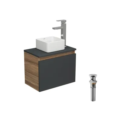 Комплект для ванной Bauedge 4 предмета (тумба Bau 50, графит + раковина BAU Hotel mini 24x24 + смеситель Hotel Still, выпуск клик-клак, хром) BD1943