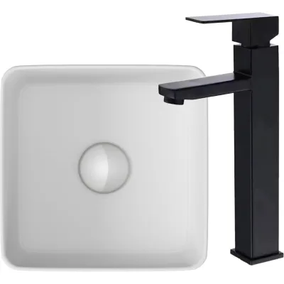 Раковина накладная со смесителем Bauedge BAU Mini (квадратная 24x24 белая + смеситель для раковины высокий Hotel Black, черный) BH1064