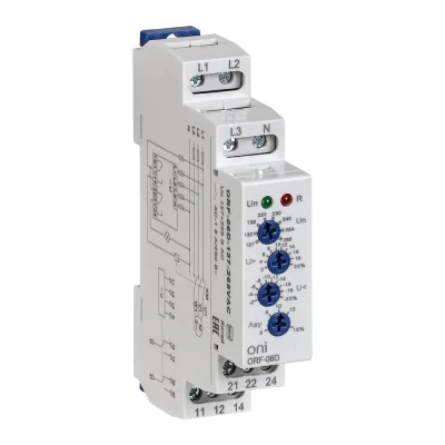 Реле фаз ONI ORF-06D 3фазы 2 контакта 127-265В AC с контролем нейтрали ORF-06D-127-265VAC